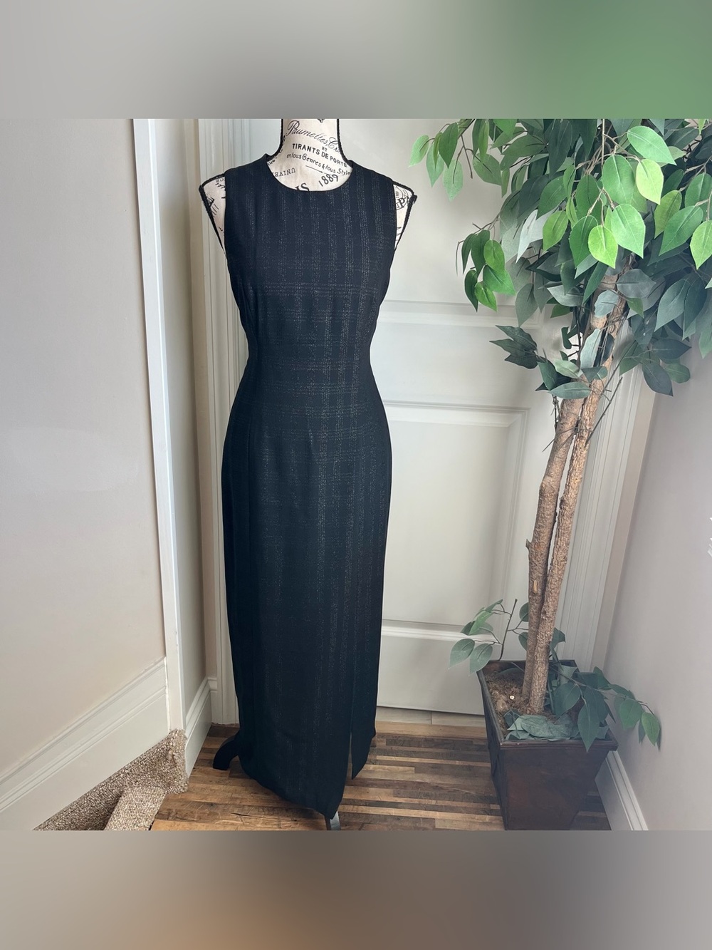 Pat Argenti Vintage 90s Shimmer Plaid Sleeveless Sheath Evening Dress Black Sz 8